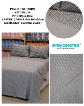 ETEHOMETEX ÇİFT KİŞİLİK %100 PAMUK HAVUZLU PİKE TAKIMI GRİ 8696474232075